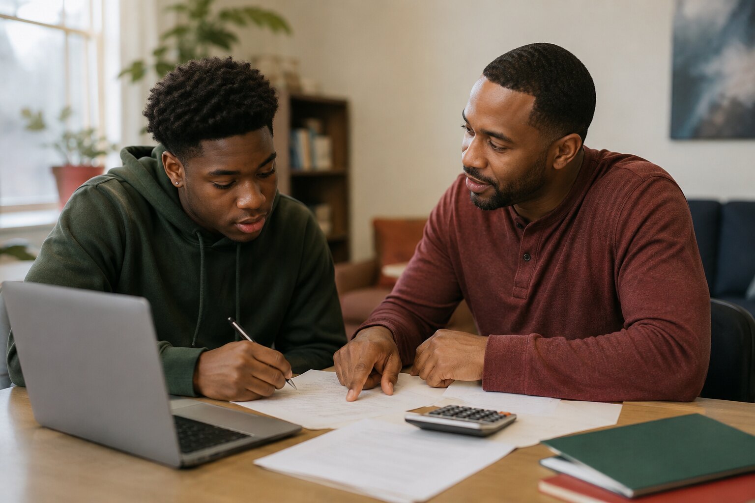 A young Black man learning budgeting and employment planning with a mentor