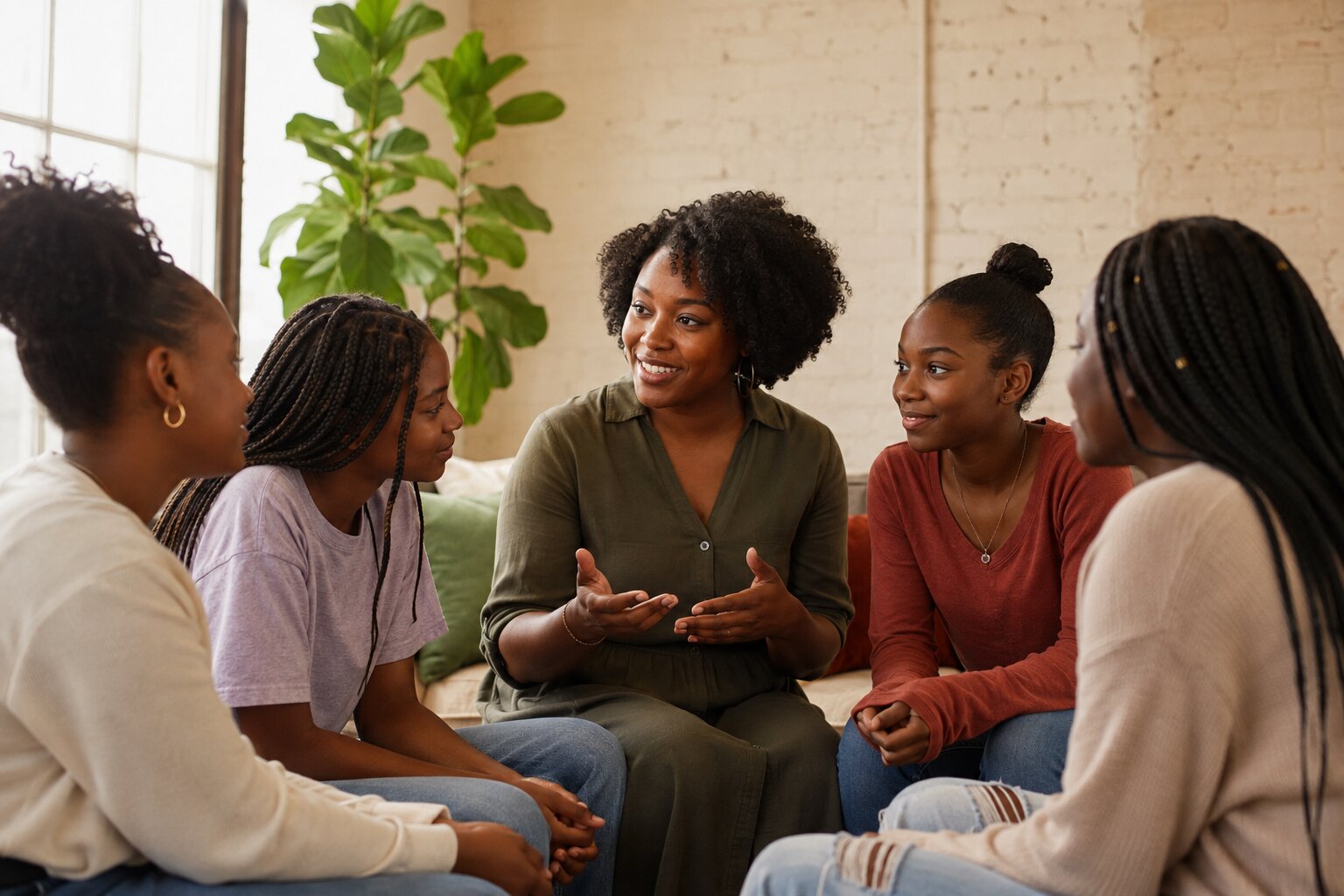 A Black female mentor leading an affirming confidence conversation with young women