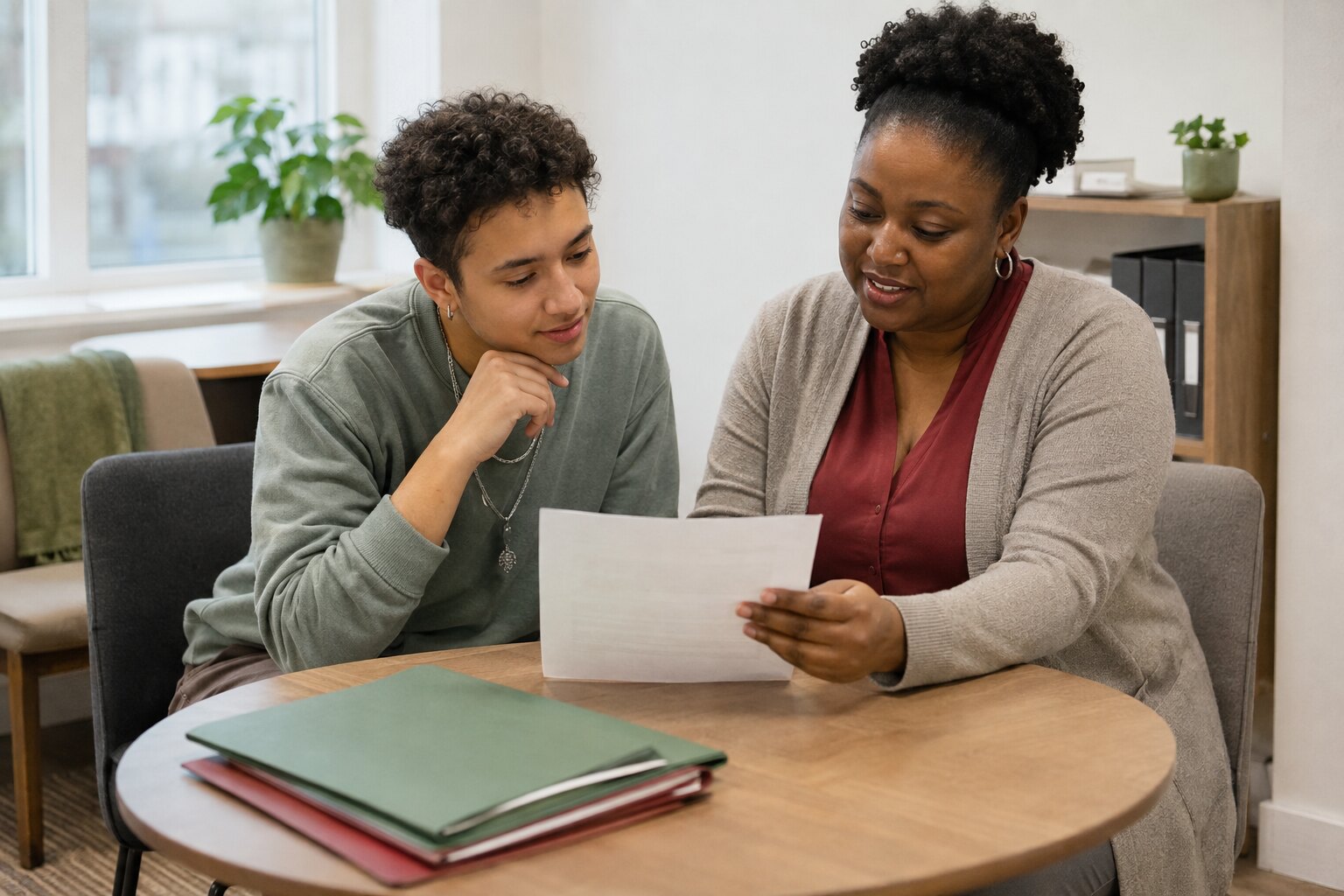 A support professional and young adult reviewing a needs plan together